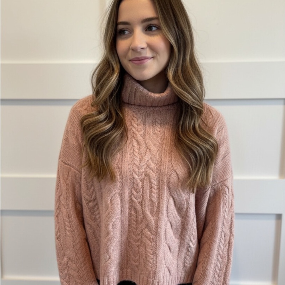 fab'rik Blush Cable Knit Turtleneck Sweater